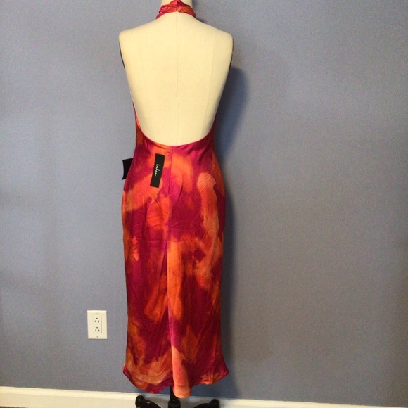 Lulus Beyond Classy Pink Multi Abstract Print Satin Halter Midi Dress – Sz Small - Picture 10 of 11